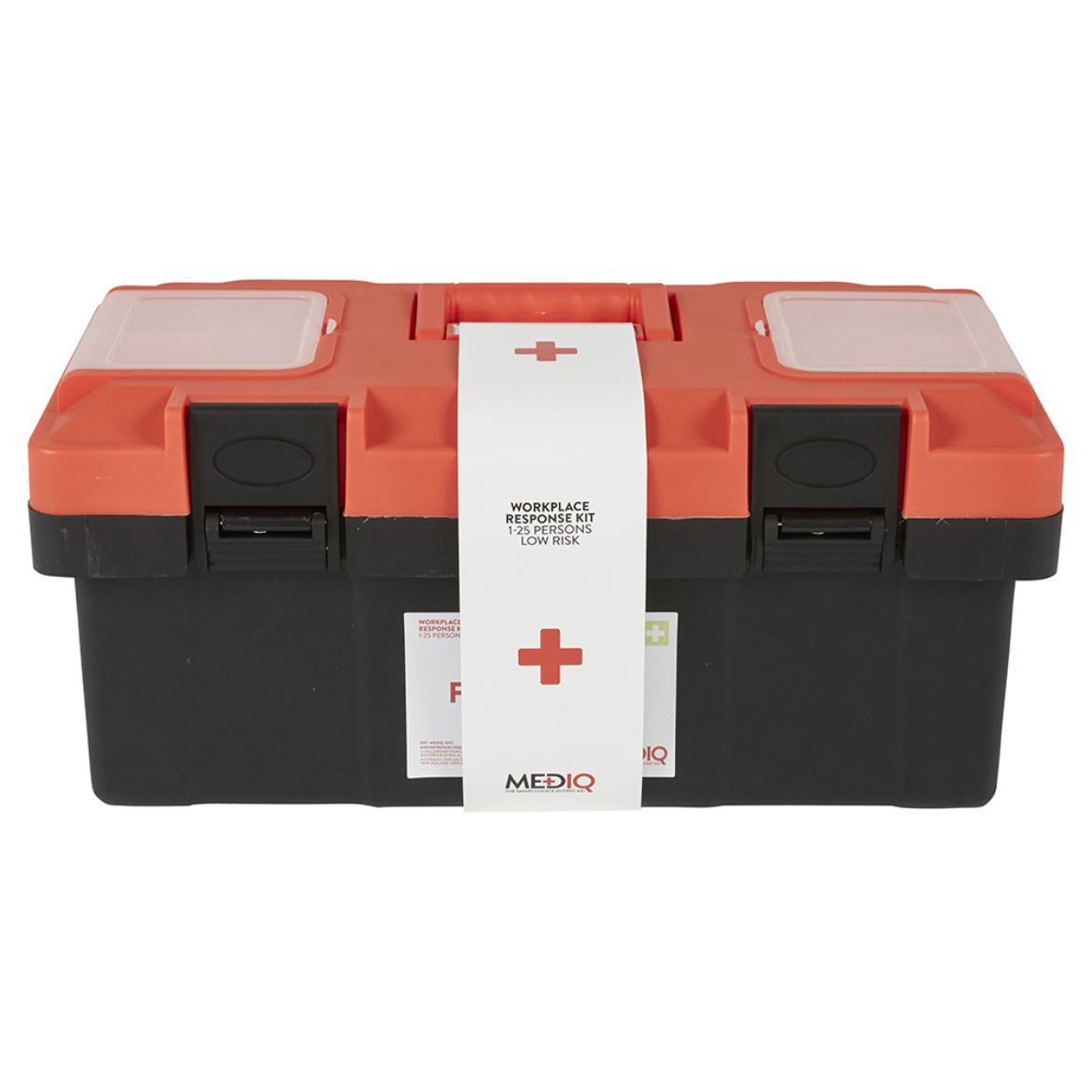 Picture of MEDIQ ESSENTIAL FIRST AID KIT WORKPLACE RESPONSE IN ORANGE/BLACK PLASTIC TACKLE BOX 1-25 PERSONS LOW RISK