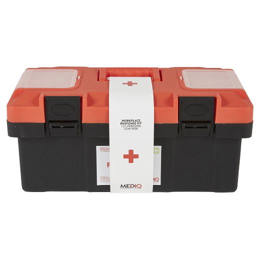 Picture of MEDIQ ESSENTIAL FIRST AID KIT WORKPLACE RESPONSE IN ORANGE/BLACK PLASTIC TACKLE BOX 1-25 PERSONS LOW RISK