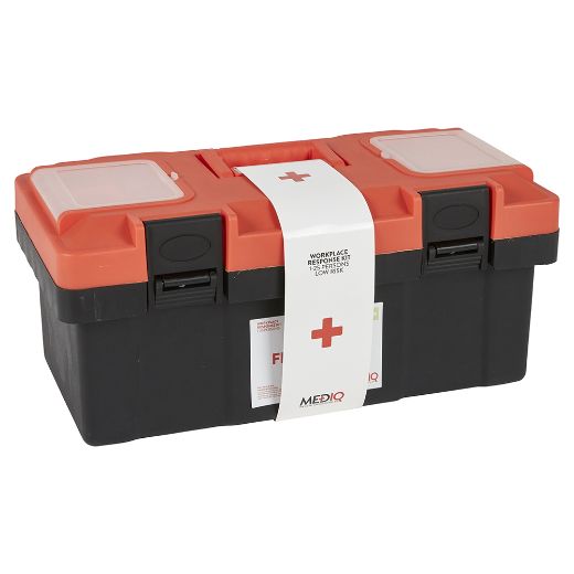 Picture of MEDIQ ESSENTIAL FIRST AID KIT WORKPLACE RESPONSE IN ORANGE/BLACK PLASTIC TACKLE BOX 1-25 PERSONS LOW RISK