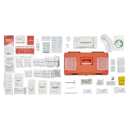 Picture of MEDIQ ESSENTIAL FIRST AID KIT WORKPLACE RESPONSE IN ORANGE/BLACK PLASTIC TACKLE BOX 1-25 PERSONS LOW RISK