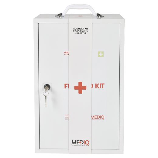 Picture of MEDIQ 5 x INCIDENT READY FIRST AID KIT IN WHITE METAL WALL CABINET 1-25 PERSONS HIGH RISK