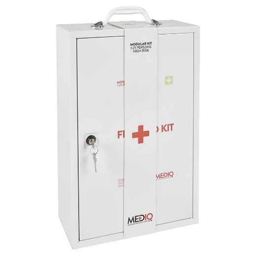 Picture of MEDIQ 5 x INCIDENT READY FIRST AID KIT IN WHITE METAL WALL CABINET 1-25 PERSONS HIGH RISK
