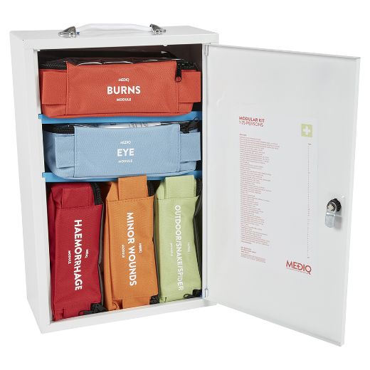 Picture of MEDIQ 5 x INCIDENT READY FIRST AID KIT IN WHITE METAL WALL CABINET 1-25 PERSONS HIGH RISK