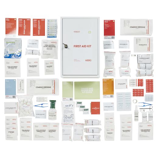 Picture of MEDIQ 5 x INCIDENT READY FIRST AID KIT IN WHITE METAL WALL CABINET 1-25 PERSONS HIGH RISK