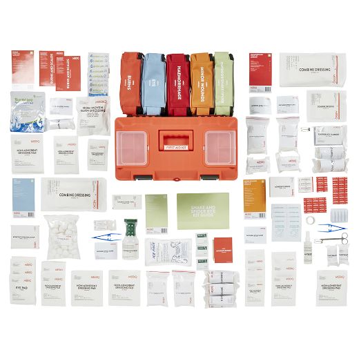 Picture of MEDIQ 5 x INCIDENT READY FIRST AID KIT IN ORANGE/BLACK PLASTIC TACKLE 1-25 PERSONS HIGH RISK