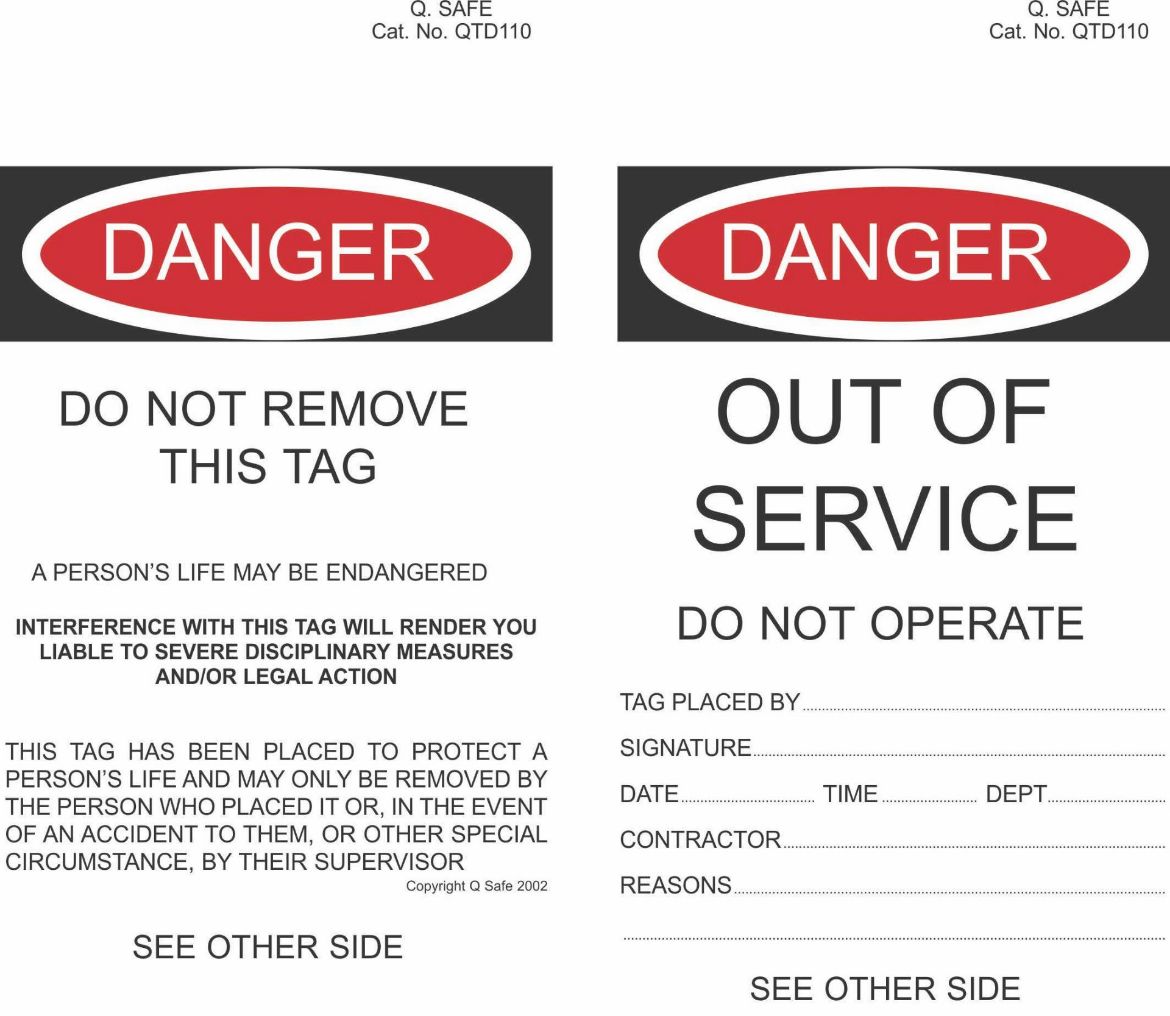 Picture of DANGER OUT OF SERVICE
Red/Black on White Background 95 x 165mm Tyvek Tag (Pkt 100 inc Cables Ties)