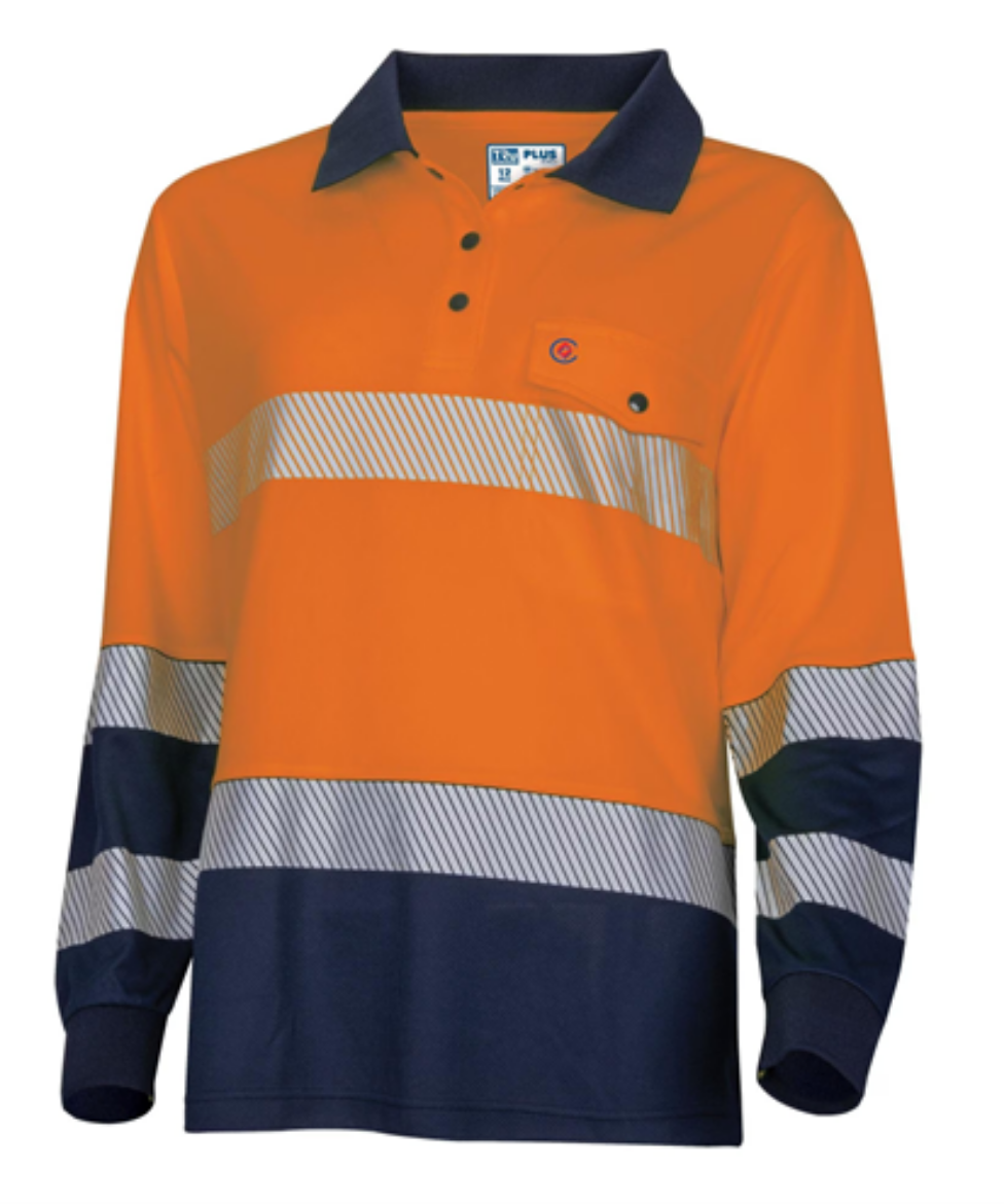 Picture of Tru Workwear Womens Recycled Anti-Microbial Micromesh L/S Two Tone Hi-Vis Polo Shirt With Segmented Tape